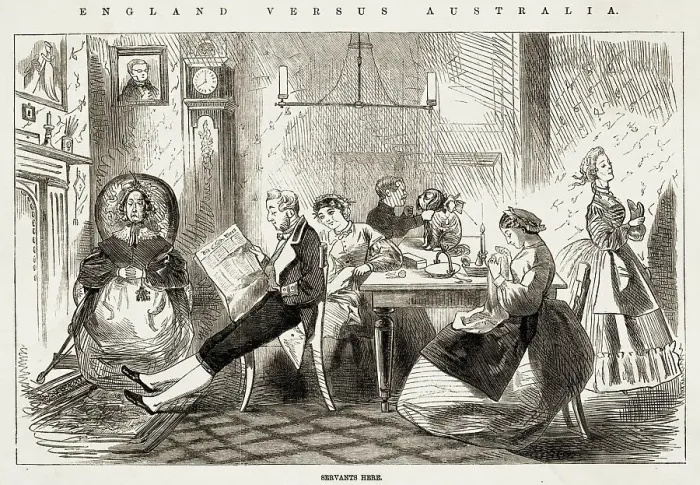 Framed Print : Servants here... Image 7 of a on the benefits of Australia over England & encouraging emigration. Date: 1863 Framed Print : Servants here... Image 7 of a on the benefits of Australia over England & encouraging emigration. Date: 1863