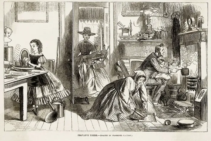 Framed Print : Servants there... Image 8 of a series on the benefits of Australia over England & encouraging emigration. Date: 1863 Framed Print : Servants there... Image 8 of a series on the benefits of Australia over England & encouraging emigration. Date: 1863