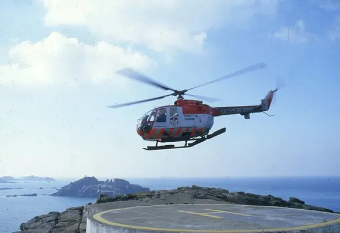 Framed Print : Service Helicopter and Round Island - Scillies Framed Print : Service Helicopter and Round Island - Scillies