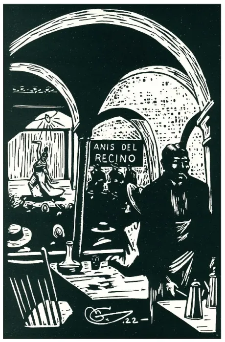 Framed Print : Servilla. A linoleum cut which displays an interior scene of a cafe or events venue Framed Print : Servilla. A linoleum cut which displays an interior scene of a cafe or events venue
