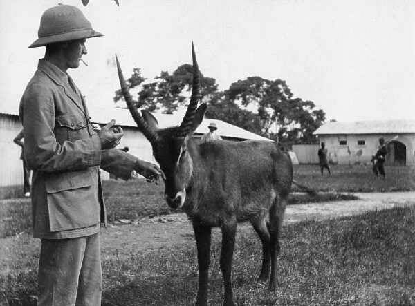 Settler with tame waterbuck, East Africa