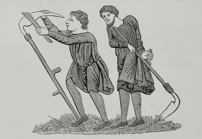 Framed Print : Settlers working the land, 12th century. Engraving Framed Print : Settlers working the land, 12th century. Engraving