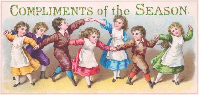 Framed Print : Seven children dancing on a Christmas card Framed Print : Seven children dancing on a Christmas card