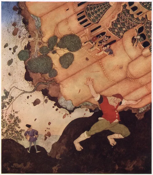 Framed Print : The Seven Conquerors of the Queen of the Mississippi: A Belgian fairy tale. Hi! Friend! Take the whole castle, with the Queen and all that it contains, on your shoulders! Illustration by Edmund Dulac. Date: 1916 Framed Print : The Seven Conquerors of the Queen of the Mississippi: A Belgian fairy tale. Hi! Friend! Take the whole castle, with the Queen and all that it contains, on your shoulders! Illustration by Edmund Dulac. Date: 1916
