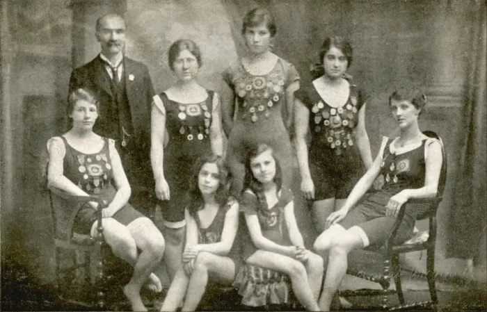 Framed Print : Seven female swimmers, five of them with medals Framed Print : Seven female swimmers, five of them with medals