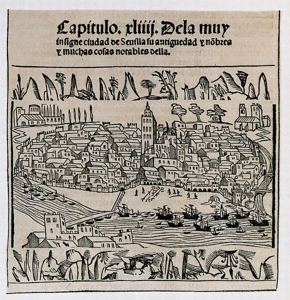 Sevilla in 1548. Xylography. SPAIN. Madrid. National