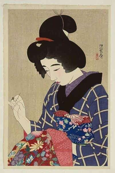 Sewing. Print shows a young woman sewing. Date between 1912 and 1925