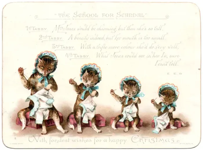 Framed Print : Four sewing cats on a Christmas card Framed Print : Four sewing cats on a Christmas card