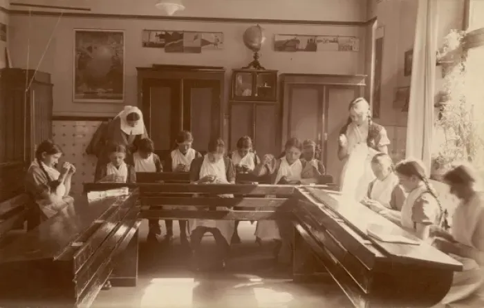 Framed Print : Sewing class in a German Catholic girls school Framed Print : Sewing class in a German Catholic girls school