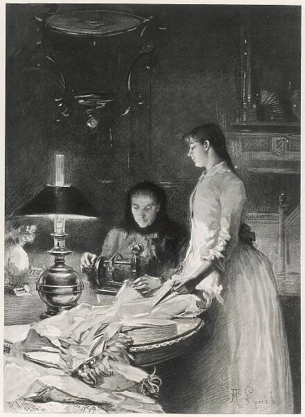 Sewing by Oil Lamp Light