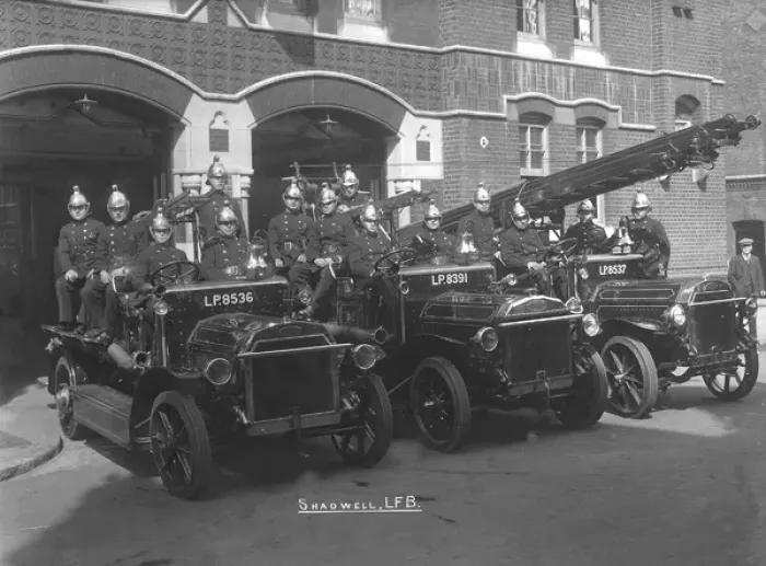Framed Print : Shadwell Fire Station crew and fire engines on display Framed Print : Shadwell Fire Station crew and fire engines on display