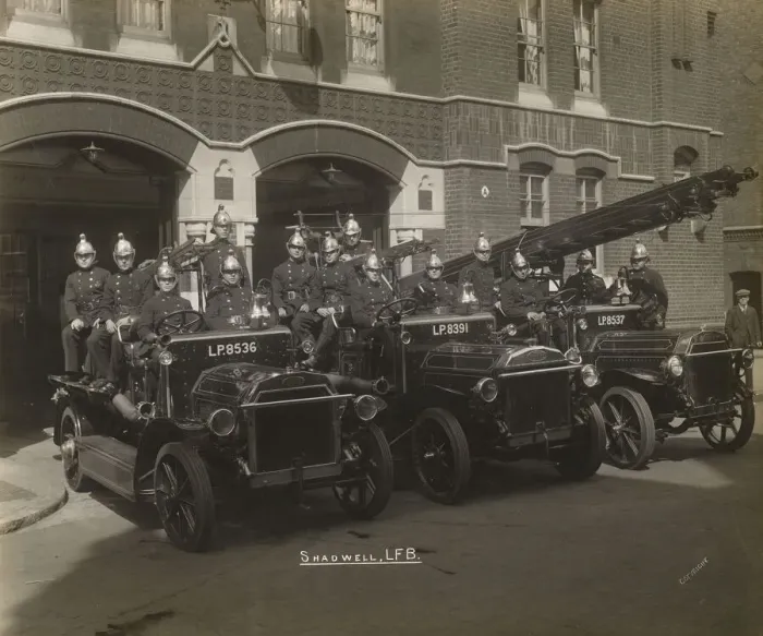Framed Print : Shadwell Fire Station crew and fire engines on display