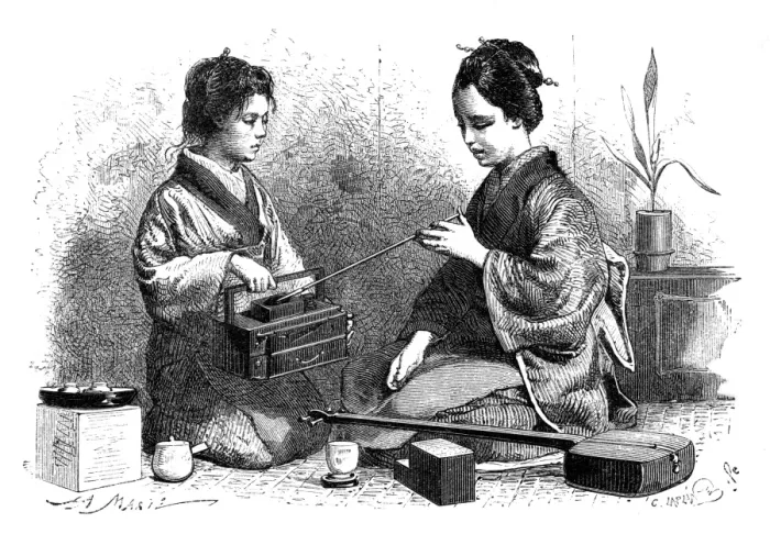 Framed Print : A shamisen player, lighting her pipe Framed Print : A shamisen player, lighting her pipe