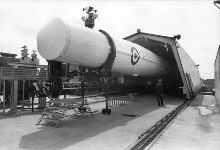 Framed Print : The shed containing a Thor IRBM rolls back on rails Framed Print : The shed containing a Thor IRBM rolls back on rails