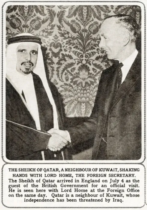 Framed Print : Sheikh of Qatar shakes hands Lord Home Framed Print : Sheikh of Qatar shakes hands Lord Home