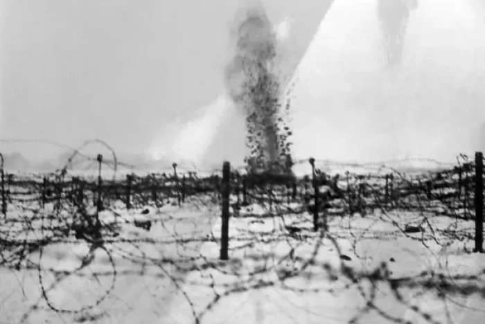 Framed Print : Shell bursting on front line trench, Western Front, WW1 Framed Print : Shell bursting on front line trench, Western Front, WW1