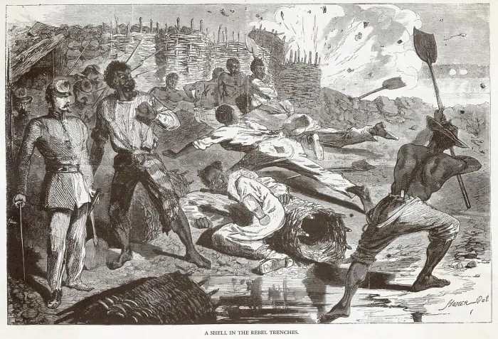 Framed Print : A shell lands in the Confederate trenches during the American Civil War Date: January 1863 Framed Print : A shell lands in the Confederate trenches during the American Civil War Date: January 1863