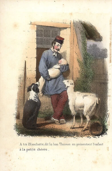 A shepherd and baby with dog and young goat
