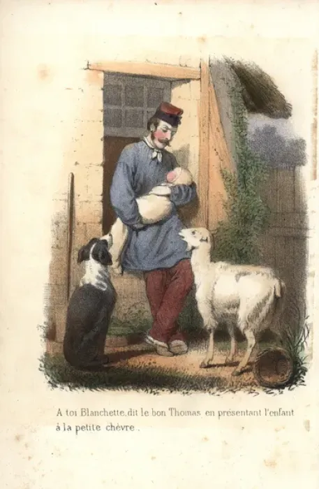 Framed Print : A shepherd and baby with dog and young goat Framed Print : A shepherd and baby with dog and young goat