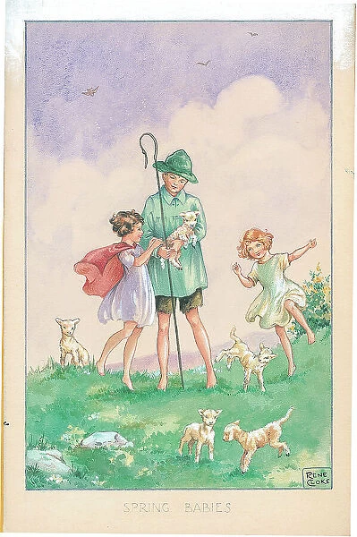 Shepherd, children and lambs