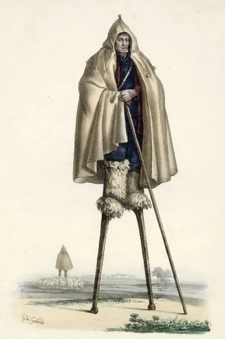 Framed Print : Shepherd of les Landes, southwest France, mounted on stilts Date: circa 1840 Framed Print : Shepherd of les Landes, southwest France, mounted on stilts Date: circa 1840