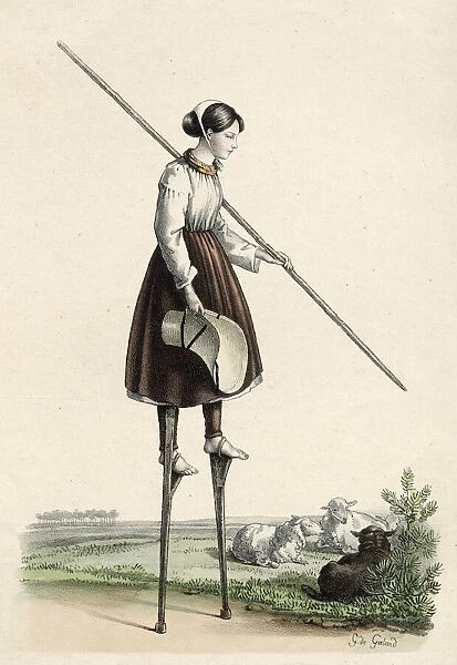 Shepherdess of les Landes, southwest France, mounted on stilts Date: circa 1840