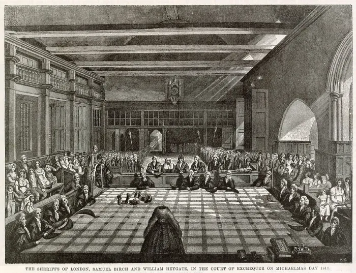 Framed Print : Sheriffs of London, Samuel Birch and William Heygate, in the Court of the Exchequer on Michaelmas Day. Date: 1811