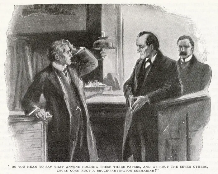 Framed Print : Sherlock Holmes - The Adventure of The Bruce-Partington Plans. Do you mean to say that anyone holding these three papers, and without the seven others, could construct a Bruce-Partington submarine? Date: 1908 Framed Print : Sherlock Holmes - The Adventure of The Bruce-Partington Plans. Do you mean to say that anyone holding these three papers, and without the seven others, could construct a Bruce-Partington submarine? Date: 1908