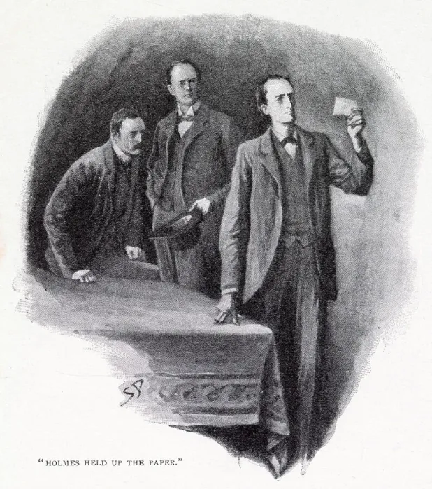 Framed Print : Sherlock Holmes - The Adventure of The Dancing Men. Holmes held up the paper. Date: 1903 Framed Print : Sherlock Holmes - The Adventure of The Dancing Men. Holmes held up the paper. Date: 1903