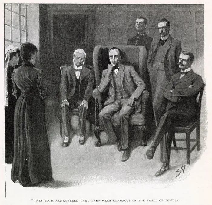 Framed Print : Sherlock Holmes - The Adventure of The Dancing Men. They both remembered that they were conscious of the smell of powder. Date: 1903 Framed Print : Sherlock Holmes - The Adventure of The Dancing Men. They both remembered that they were conscious of the smell of powder. Date: 1903
