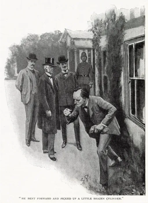 Framed Print : Sherlock Holmes - The Adventure of The Dancing Men. He bent forward and picked up a little brazen cyclinder. Date: 1903 Framed Print : Sherlock Holmes - The Adventure of The Dancing Men. He bent forward and picked up a little brazen cyclinder. Date: 1903