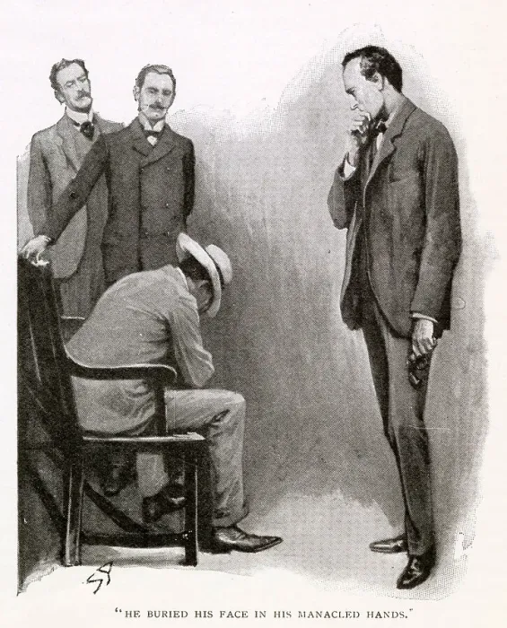 Framed Print : Sherlock Holmes - The Adventure of The Dancing Men. He buried his face in his manacled hands. Date: 1903 Framed Print : Sherlock Holmes - The Adventure of The Dancing Men. He buried his face in his manacled hands. Date: 1903