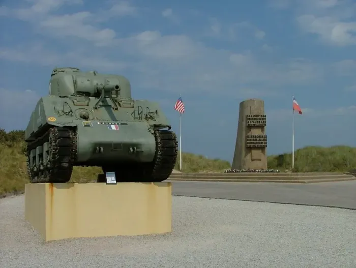 Framed Print : Sherman tank with General Leclerc Memorial Utah Beach