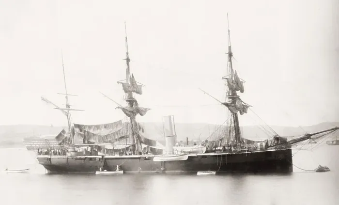 Framed Print : Ship at anchor, Plymouth, dated 1882 Framed Print : Ship at anchor, Plymouth, dated 1882