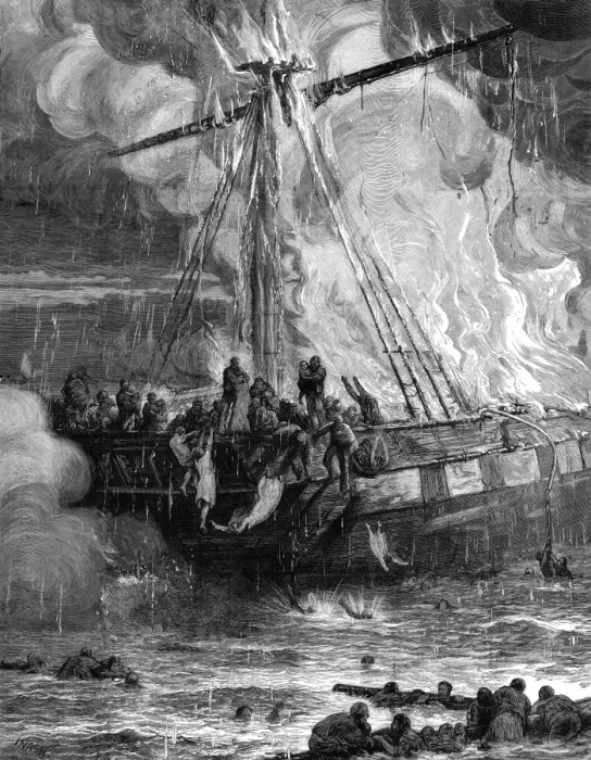 Framed Print : The ship, Cospatrick in flames Framed Print : The ship, Cospatrick in flames