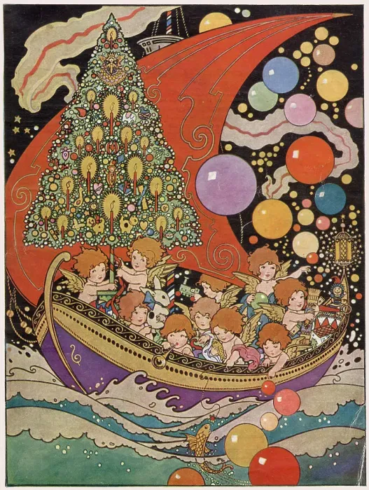 Framed Print : A ship filled with angels or cupids, with a Christmas tree illuminated by candles, sails through the waves while multi-coloured balloons float through the night sky. Date: 1920s Framed Print : A ship filled with angels or cupids, with a Christmas tree illuminated by candles, sails through the waves while multi-coloured balloons float through the night sky. Date: 1920s