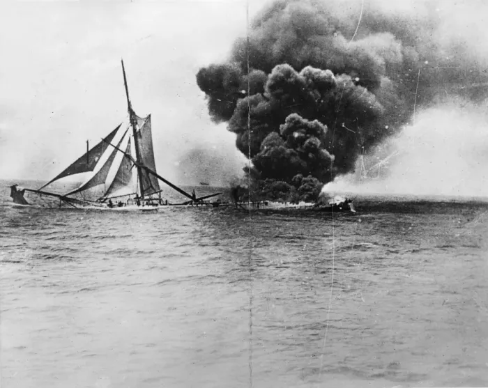 Framed Print : Ship on fire in mid-ocean, WW1 Framed Print : Ship on fire in mid-ocean, WW1