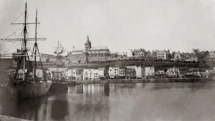 Framed Print : Ship tied up the the harbour, Granville, France, c. 1870 Framed Print : Ship tied up the the harbour, Granville, France, c. 1870