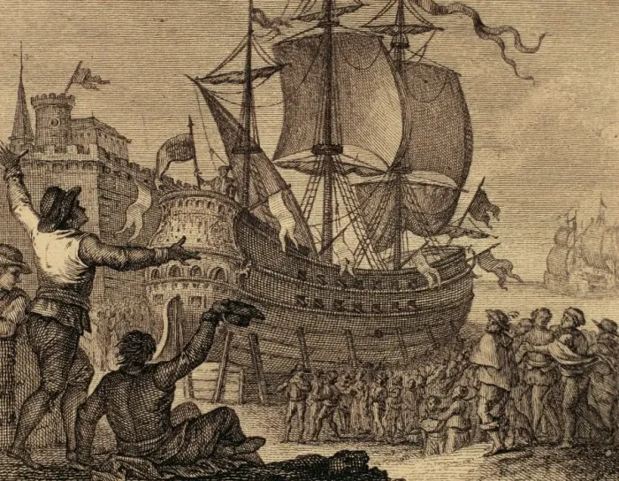 Framed Print : The ship Victoria in Seville. Engraving, 1807 Framed Print : The ship Victoria in Seville. Engraving, 1807