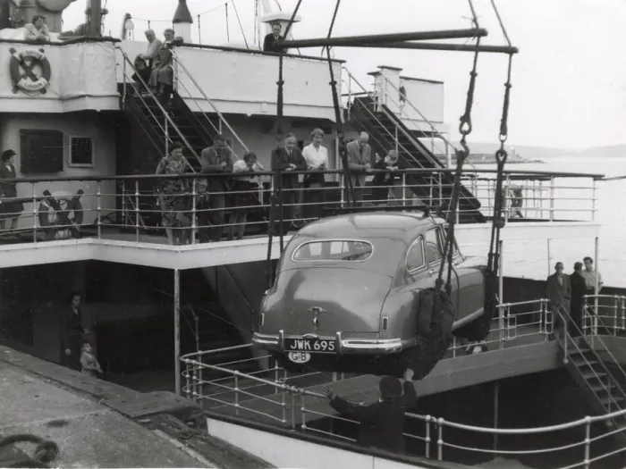 Framed Print : Shipping a British car by ferry, Fishguard, South Wales. Date: 1950s Framed Print : Shipping a British car by ferry, Fishguard, South Wales. Date: 1950s