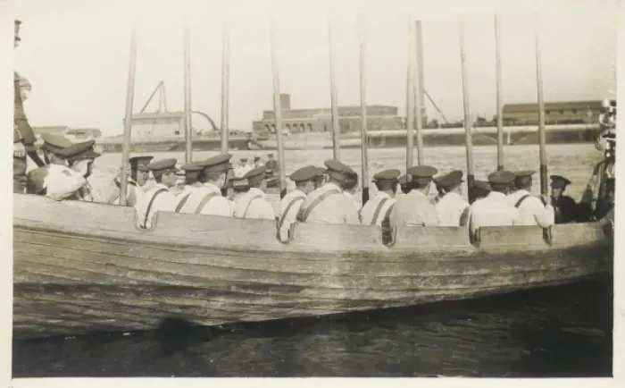 Framed Print : Ships crew in rowing boat with oars held vertically Framed Print : Ships crew in rowing boat with oars held vertically
