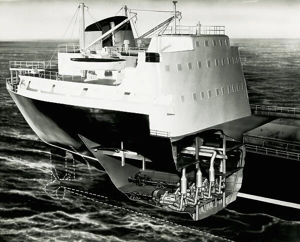 Ships hull showing drawing of engine room and propeller