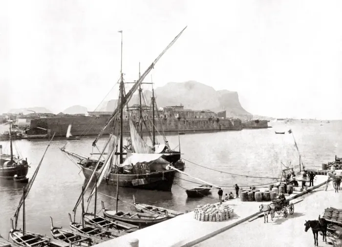Framed Print : Ships of the waterfront, Palermo, Italy, circa 1880s. Date: circa 1880s Framed Print : Ships of the waterfront, Palermo, Italy, circa 1880s. Date: circa 1880s