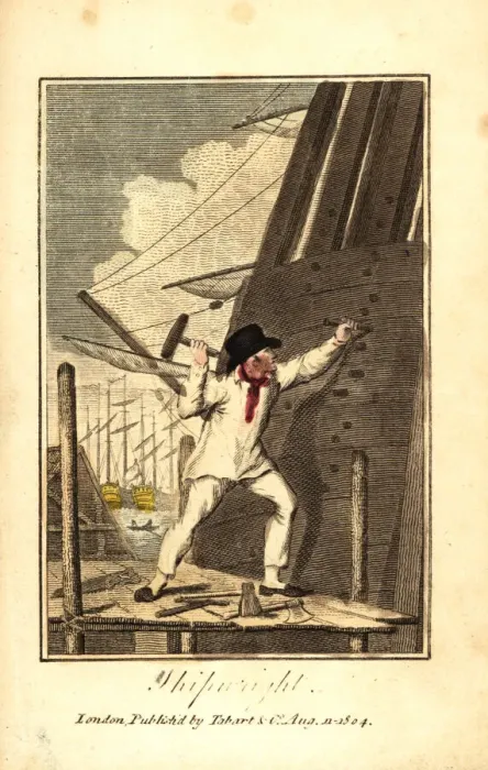 Framed Print : Shipwright driving wedges into the stern of a ship Framed Print : Shipwright driving wedges into the stern of a ship