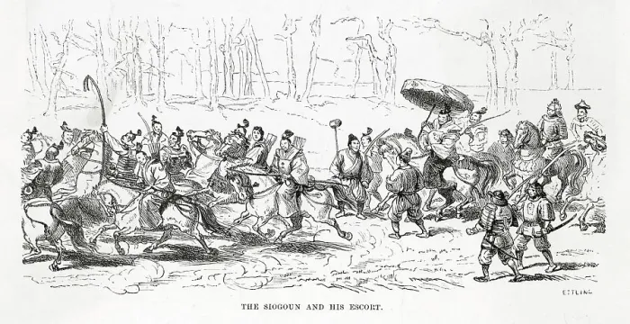 Framed Print : A Shogun escorted by many riders and warriors proceeds through a forest Framed Print : A Shogun escorted by many riders and warriors proceeds through a forest