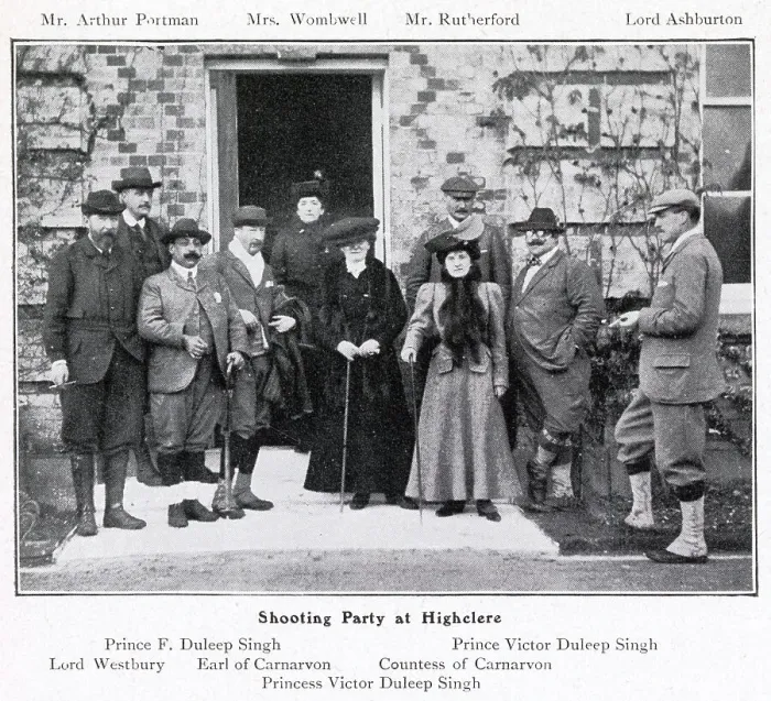 Framed Print : A shooting party at Highclere Castle, with participants from left to right, Lord Westbury, Prince F. Duleep Singh, the Earl of Carnarvon, Princess Victor Duleep Singh, the Countess of Carnarvon and Prince Victor Duleep Singh. Date: 1906 Framed Print : A shooting party at Highclere Castle, with participants from left to right, Lord Westbury, Prince F. Duleep Singh, the Earl of Carnarvon, Princess Victor Duleep Singh, the Countess of Carnarvon and Prince Victor Duleep Singh. Date: 1906