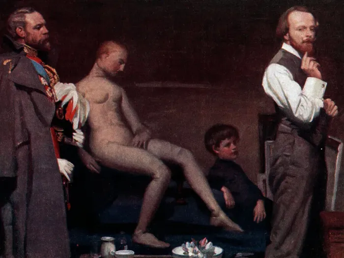 Framed Print : The Shop. This oil painting shows a series of male figures Framed Print : The Shop. This oil painting shows a series of male figures