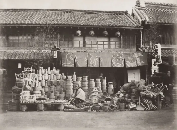 Framed Print : Shop selling containers and wicker baskets, Japan, 1870 s Framed Print : Shop selling containers and wicker baskets, Japan, 1870 s