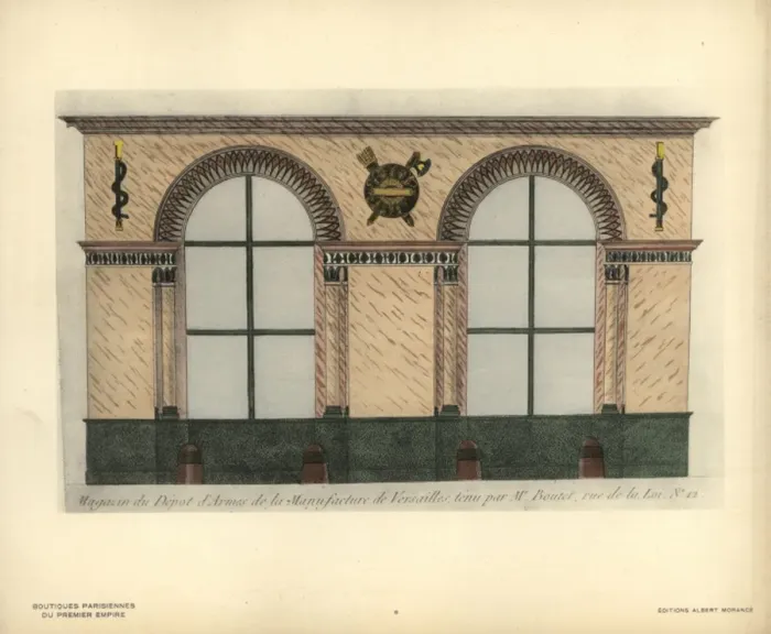 Framed Print : Shopfront to Boutets weapons store, Paris, circa 1800s Framed Print : Shopfront to Boutets weapons store, Paris, circa 1800s