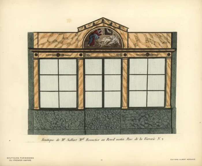 Framed Print : Shopfront of Sallarts hatmaker, Paris, circa 1800 Framed Print : Shopfront of Sallarts hatmaker, Paris, circa 1800